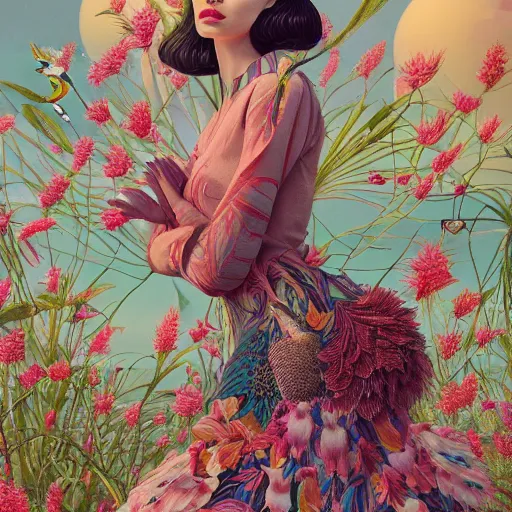 Image similar to pretty model with botanical and birds : : by martine johanna and simon stalenhag and chie yoshii and casey weldon and wlop : : ornate, dynamic, particulate, rich colors, intricate, elegant, highly detailed, vogue, harper's bazaar art, fashion magazine, smooth, sharp focus, 8 k, octane render