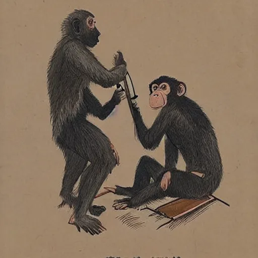 Image similar to a monkey cutting a samurai's hair.