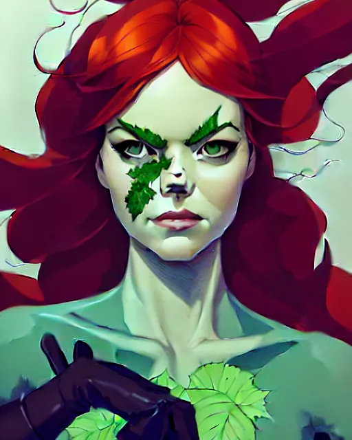 Image similar to joshua middleton, phil noto, artgerm, emma stone poison ivy dc comics, vines, symmetrical eyes, city rooftop