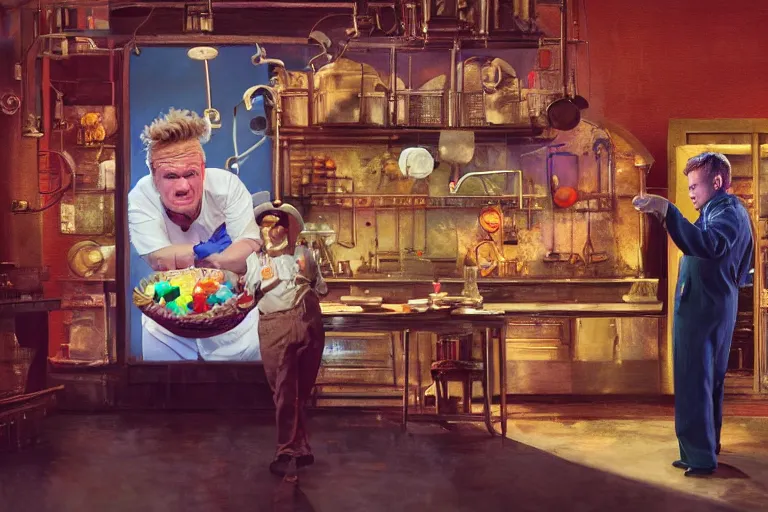 Image similar to A mixed media painting of gordon ramsay inspecting willy-wonka\'s chocolate factory on kitchen nightmares, by Frank Frazetta, Greg Rutkowski, Beeple, post-processing, low angle, masterpiece, cinematic, isometric, volumetric lighting