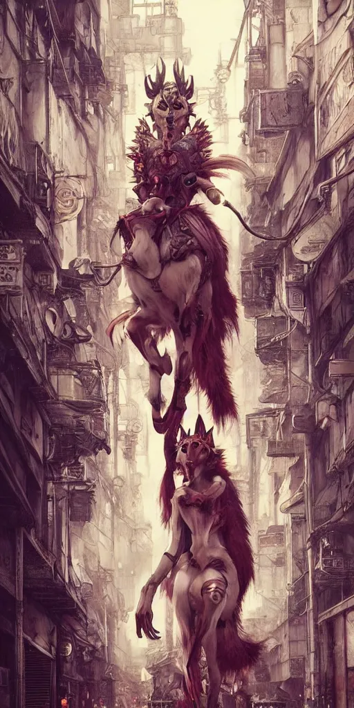 Image similar to hyper realistic Princess Mononoke, ornate mask, wet market street, cyberpunk metropolis, city landscape, jewels, full body pose, wolves, style of tom bagshaw, mucha, james gurney, norman rockwell, denoised, sharp