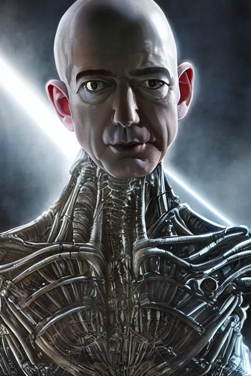 Image similar to jeff bezos as a filthy alien invader with a laser weapon, photorealistic, cinematic lighting, highly detailed, very intricate, by hr giger