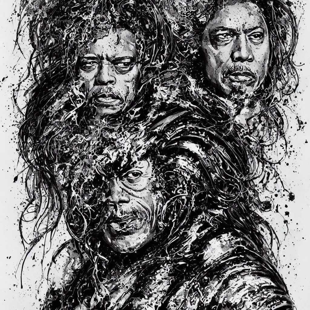 Image similar to A dramatic art nouveau bust portrait of James Earl Jones with long black hair as Thulsa Doom in scratchy detailed armor, metallic art nouveau shield design borders, by Travis Charest, Jia Ruan and Bill Sienkiewicz, fantasy art, watercolor, bleed, splatters, random brush strokes, epic lighting and depth of field, sinister ambience, malevolent expression, determination, dominance, confidence, accurate symmetrical facial details, sumerian, roman, egyptian, medieval, barbarians, warriors, knights, maidens