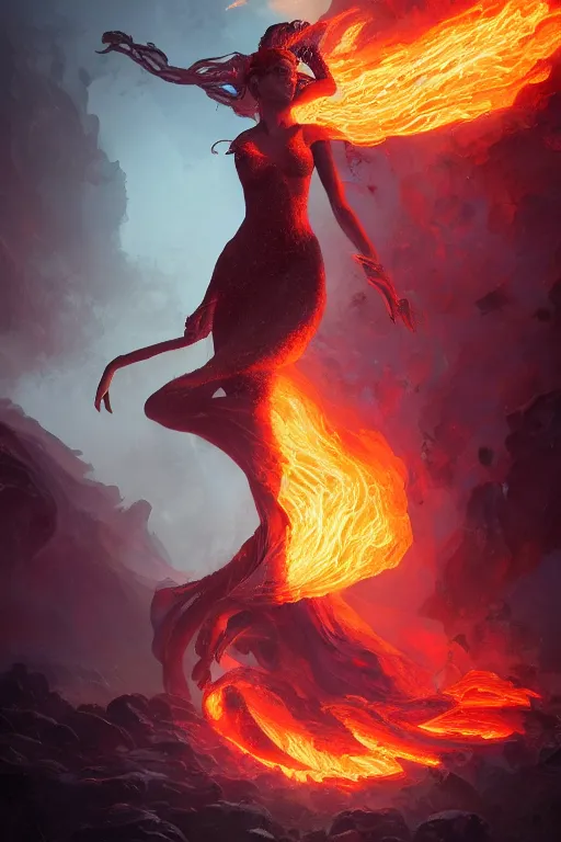 Prompt: beautiful powerful eldritch fire goddess clothed in a flaming gown, volcanic embers, magma, detailed matte fantasy portrait, dynamic lighting, bokeh backdrop, by greg rutkowski, by peter mohrbacher, by brom