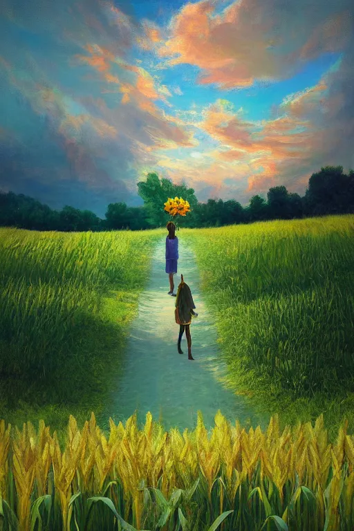 Image similar to giant corn flower head, girl walking in a green valley, surreal photography, sunrise, dramatic light, impressionist painting, colorful clouds, digital painting, artstation, simon stalenhag