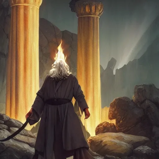 Image similar to Gandalf in the ruins of the temple of old gods holding a torch, featured on artstation, cinematic chiaroscuro, digital art by Leyendecker and Norman Rockwell