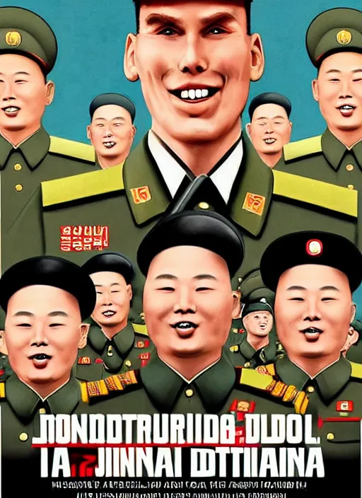 Image similar to propaganda poster smiling jerma as dictator of north korea with soldiers saluting, 8 k, trending on artstation