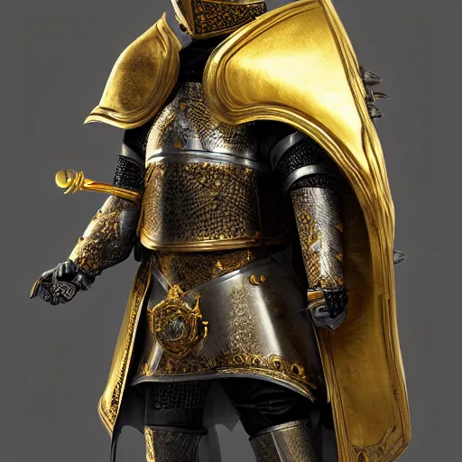 Image similar to a highly detailed knight in a T golden helmet and a golden crown with a blue diamond in the center, golden armor, leather clothes under the armor, leather gloves, holds a black sword, artstation, DeviantArt, professional, octane render, sunset lighting