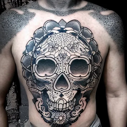 Image similar to tattoo design, stencil, tattoo stencil, traditional, a world famous tattoo of a geometric skull with a galaxy coming out of the top of its head-s 100