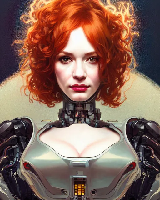 Image similar to portrait of christina hendricks as a robot, cyberpunk machine, machine face, robed, upper half portrait, decorated, intricate intense elegant highly detailed digital painting artstation concept art smooth sharp focus illustration, art by artgerm and greg rutkowski alphonse mucha 8 k