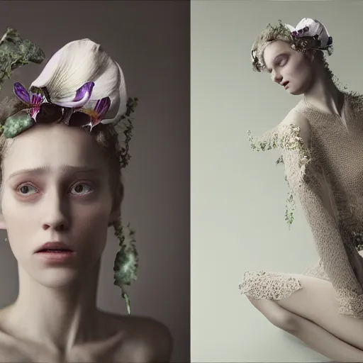 Image similar to long shot kodak portra 4 0 0, 8 k, volumetric lighting, highly detailed, britt marling style 3 / 4 fine art portrait photography in style of paolo roversi, orchid, orchid flower human hybrid, 3 d render 1 5 0 mm lens, art nouveau fashion royal details, elegant hyperrealistic ultra detailed, 8 k