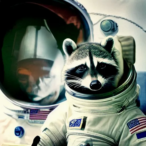 Prompt: realistic photo by annie liebovitz of a raccoon dressed as an astronaut wearing a space helmet, low contrast