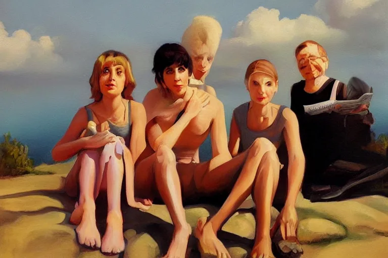 Image similar to beautiful painting of friends, beautiful faces, sitting on the edge, cute, soft light, digital painting by diane arbus and ralph mcquarrie and colin campbell cooper