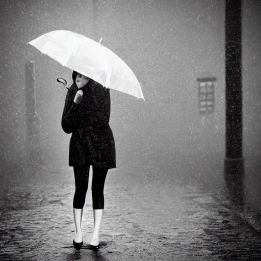 Image similar to heavy rain and a girl with an umbrella in black and withe