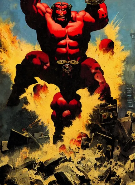 Image similar to full body and head portrait of enormous muscular hellboy wearing tattered trench coat, explosion and debris in the background, dynamic action, painted by norman rockwell and phil hale and greg staples and tom lovell and frank schoonover and jack kirby, movie