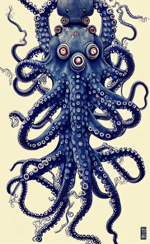 Prompt: robotic octopus by miyazaki, illustration, kenneth blom, mental alchemy, james jean, pablo amaringo, naudline pierre, contemporary art, hyper detailed