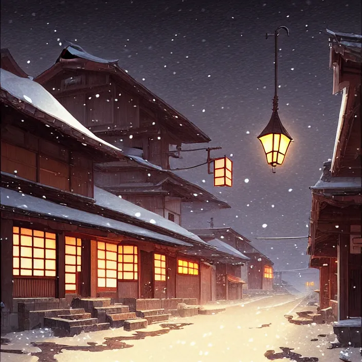 Image similar to empty rural japanese town at night, winter, in the style of studio ghibli, j. c. leyendecker, greg rutkowski, artem