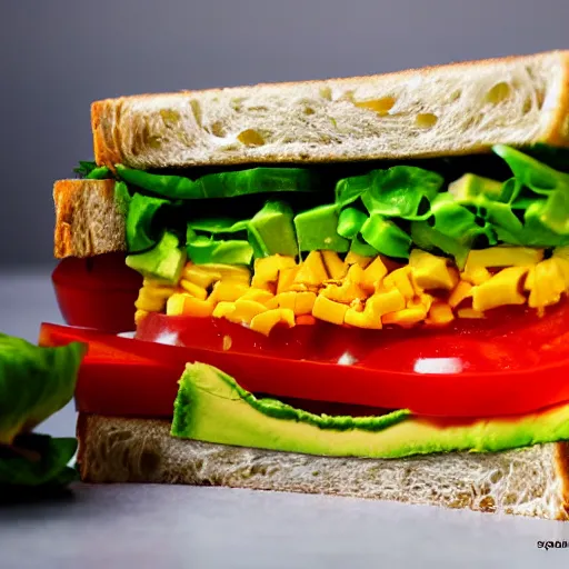 Image similar to sandwich with tofu, tomato, onion, avocado and cheddar, studio photo, amazing light