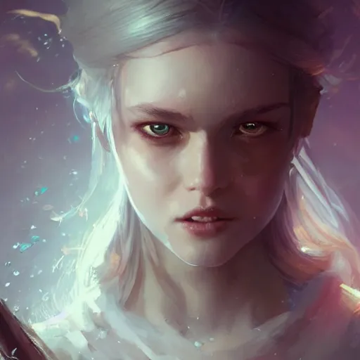 Image similar to a portrait of a beautiful lady with adorable eyes, light smiling, art of wlop and greg rutkowski, epic fantasy art, bright light masterpiece, ray of light through white hair