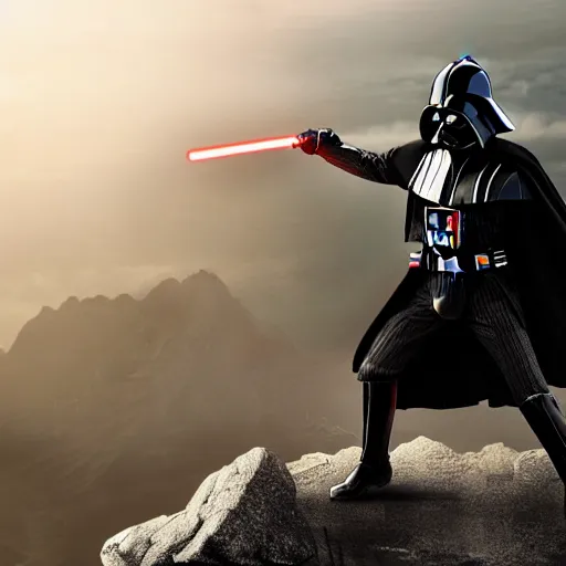 Prompt: darth vader fighting luke skywalker on top a mountain, wide angle shot, diffuse lighting, intricate, elegant, highly detailed, lifelike, photorealistic, smooth, sharp focus, a 2 4! film cinematography, cinematic, hyper realism, high detail, dream like atmosphere