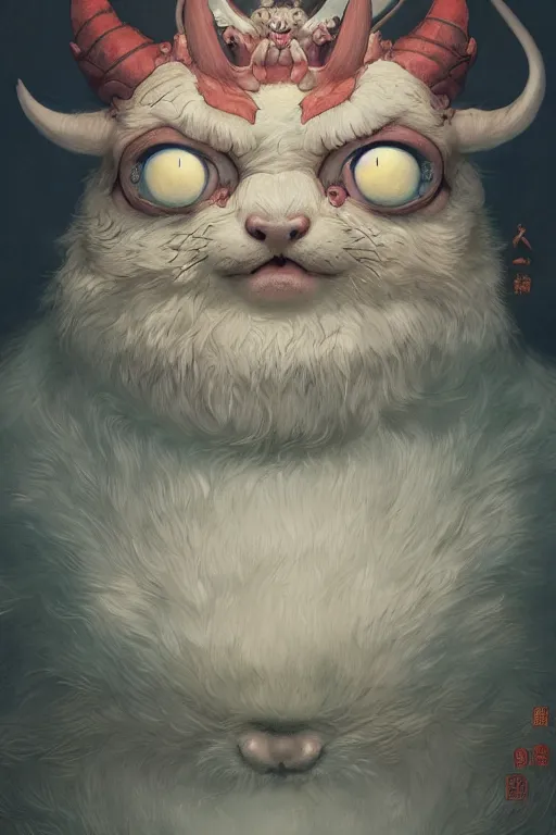 Image similar to a portrait of a cute japanese devil animal illustrated by miyazaki by karol bak, james jean, tom bagshaw, rococo, sharp focus, trending on artstation, cinematic lighting, hyper realism, octane render, 8 k, hyper detailed, vivid, ultra detailed, highly detailed