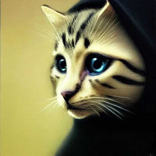 Image similar to a portrait of a kitten wearing a black hood, cloak covering face, anatomically correct, beautiful perfect face, enigmatic, oil painting, matte, black background, Volumetric dynamic lighting, Highly Detailed, Cinematic Lighting, Unreal Engine, 8k, HD, by Beksinski