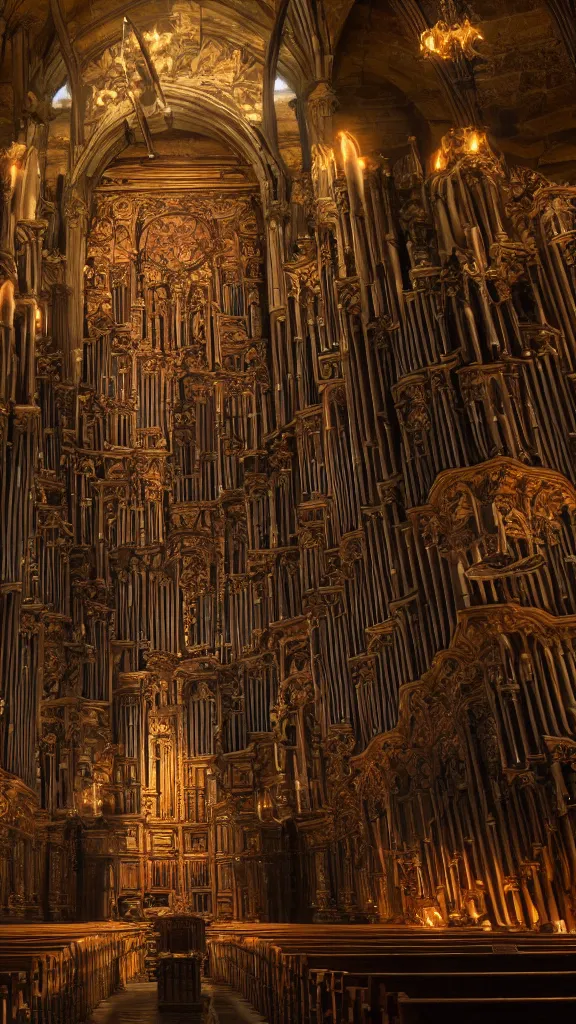 Prompt: a complex ancient pipe organ cathedral interior, 4 k, stone pews, torches, lighting, unreal engine 5 render, natural color scheme, architectural photography, f 3 2, still from movie by guillermo del toro
