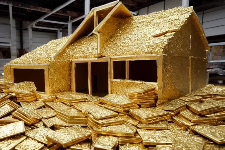 Image similar to a house, under construction, made of dollars, with piles of gold around it