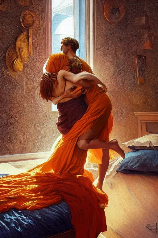 Image similar to portrait of tinfoil hat man in orange t - shirt hugging from behind his wife in a bed, feelings, romantic, fantasy, intricate, elegant, highly detailed, digital painting, artstation, concept art, smooth, sharp focus, illustration, art by artgerm and greg rutkowski and alphonse mucha