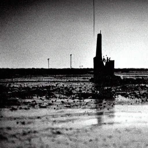 Image similar to film still, close up, nuclear submarine rising out of muddy vietnam river, face covered in mud, low camera angle at water level, night time, film still from apocalypse now ( 1 9 7 9 ), 2 6 mm,