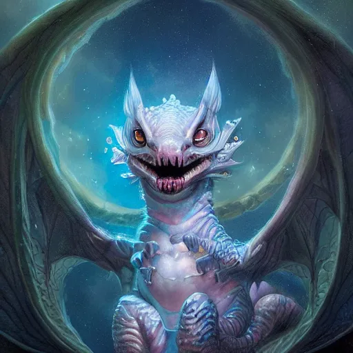 Image similar to a hyperrealistic illustration of a cute and tiny dragon that glows in the dark, dragon baby, glow in the dark, fractal moonlight, little dragon with glowing scales, award - winning, masterpiece, in the style of tom bagshaw, cedric peyravernay, peter mohrbacher