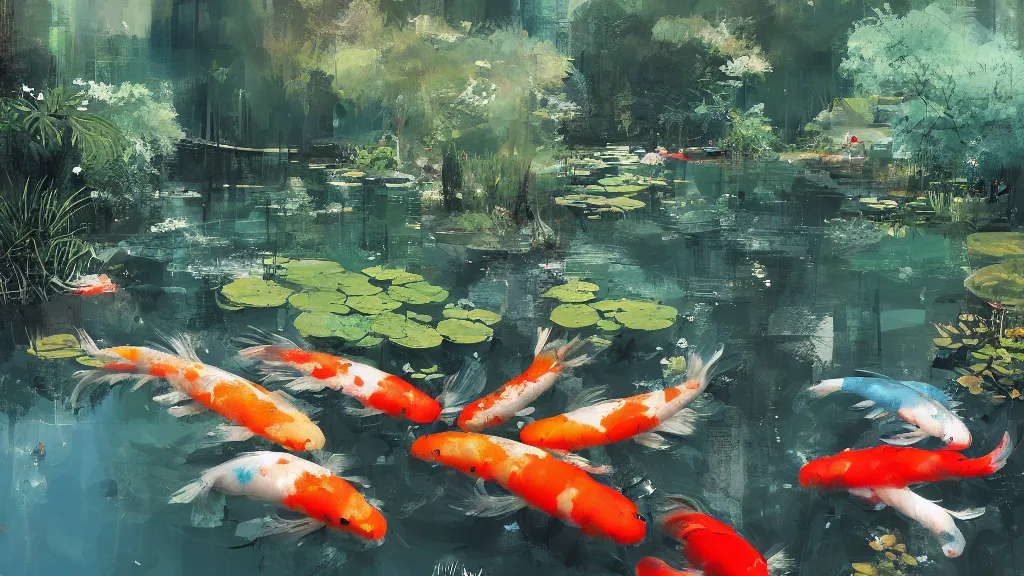 Image similar to painting of a koi pond, trending on artstation, masterpiece by ismail inceoglu