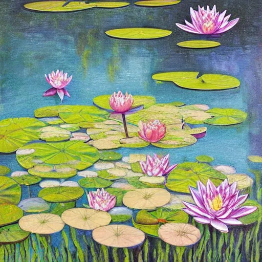 Image similar to A peaceful painting that shows a pond with water lilies floating on the surface. The colors are soft and calming, and the overall effect is one of serenity and relaxation. comatesque inlay by Chantal Joffe, by Jacek Yerka, by Ross Tran