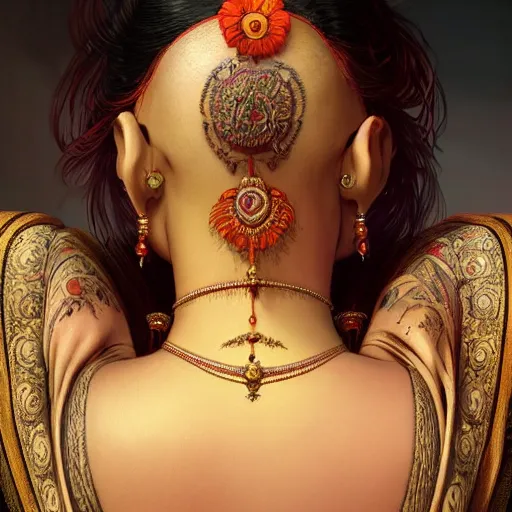 Prompt: portrait painting of a muscular bloodied indian woman lower back, tattooed, wearing sari, jewellery, ultra realistic, concept art, intricate details, eerie, highly detailed, photorealistic, octane render, 8 k, unreal engine. art by artgerm and greg rutkowski and alphonse mucha