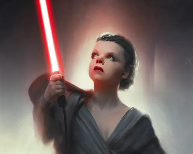 Prompt: film still, star wars, 1 8 years old dark lord of the sith judy garland, rim light, volumetric lighting, digital painting, artstation, concept art, smooth, sharp focus, illustration, art by arney freytag, glamour pose, greg rutkowski, soft ambient lighting, particle effects