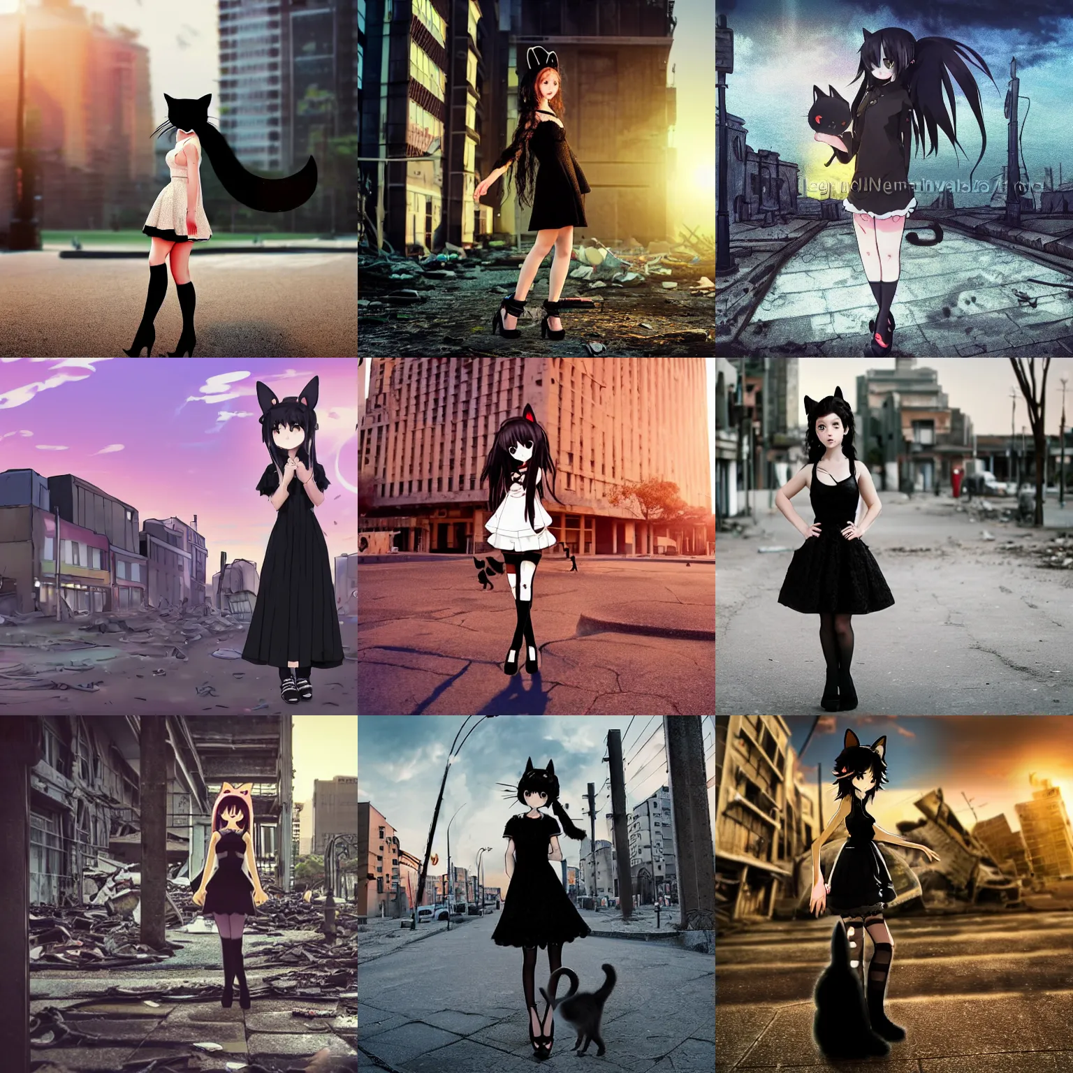 Prompt: cute anime neko girl with long black curly hair and 2 small cat ears on her head wearing nice black lace short evening dress and black high - heeled shoes, in the middle of the square of a ruined post - apocalyptic city at sunset, film still