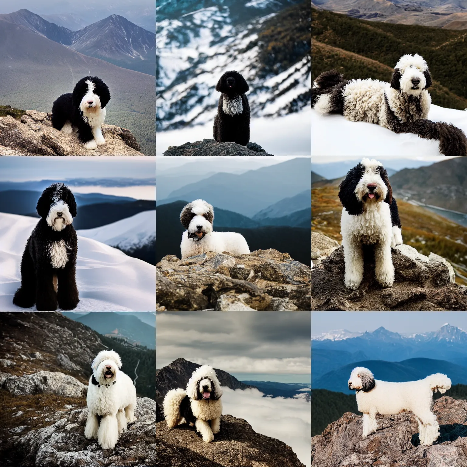 Prompt: sheepadoodle atop a mountain, award - winning photography