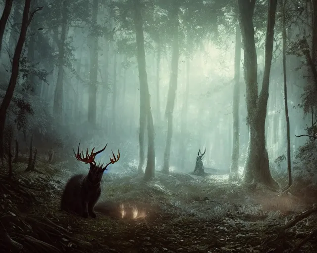 Image similar to 5 5 mm portrait photo of an armored demonic cat with antlers, in a magical forest. magical atmosphere. art by greg rutkowski. highly detailed 8 k. intricate. lifelike. soft light. nikon d 8 5 0.