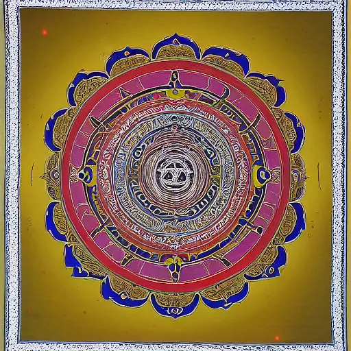 Prompt: yantra, tibetan thangka, giant lotus mandala, celestial bodies, Post apocalyptic, flying through time, portal into anotheer dimension, giant lotus mandala, intricate tapestry, ornate, highly detailed, epic, HD, 8K, rendered in vray, hiroshi yoshida, moebius, exquisite, frame H 1024 W 576