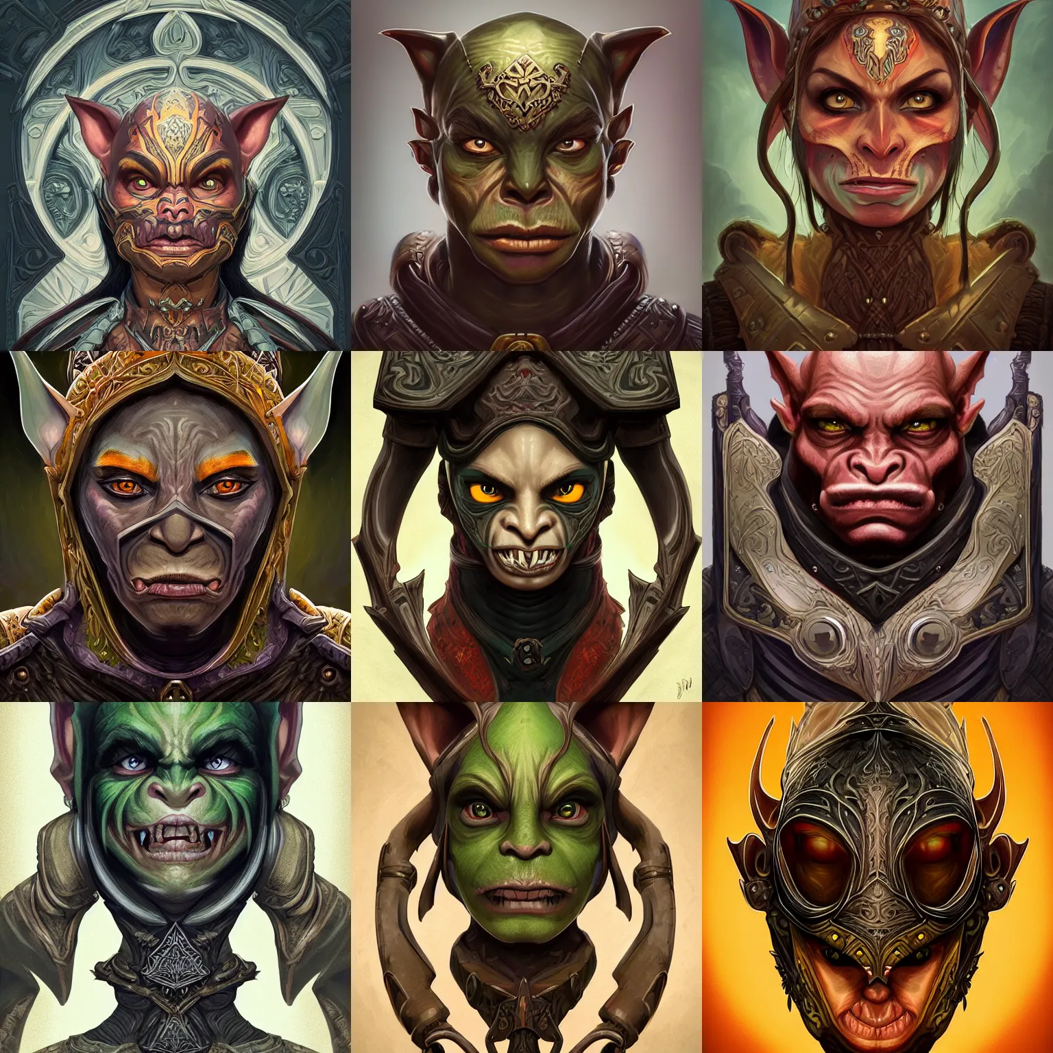 Prompt: head-on symmetrical centered painted portrait, Warcraft goblin rogue, black leather armour, art nouveau, tarot card style, fantasy, intricate, elegant, highly detailed, smooth, sharp focus, illustration, artstation, in the style of Artgerm and Anna Podedworna and Alex Ross and Mucha