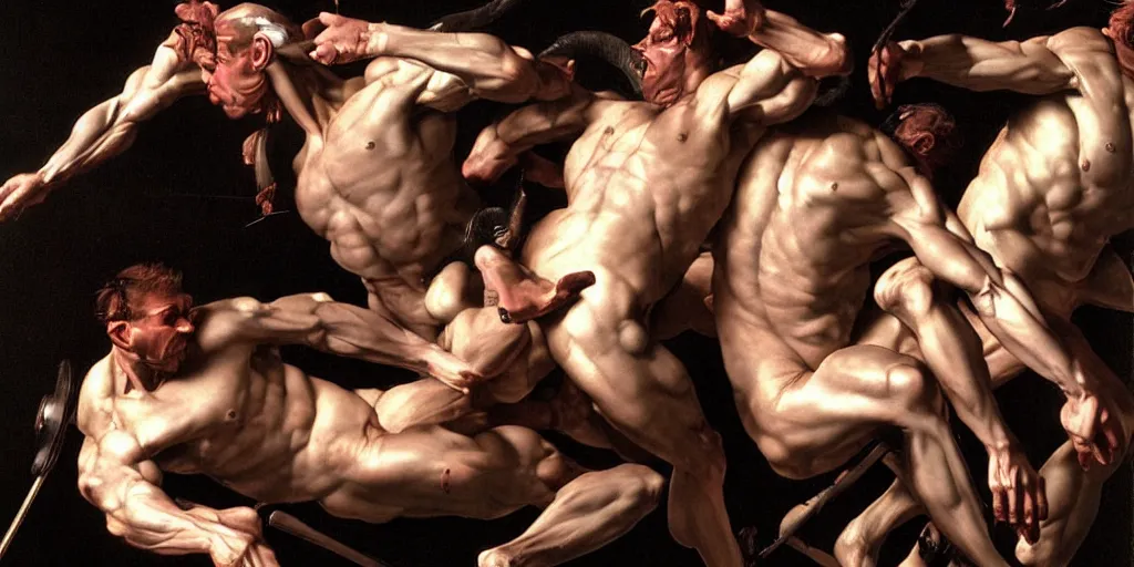 Prompt: hyper muscular centaurs wars, hyper realistic, glossy by caravaggio