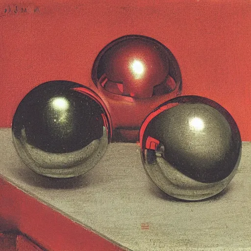 Prompt: chrome spheres on a red cube by jean auguste dominique ingres