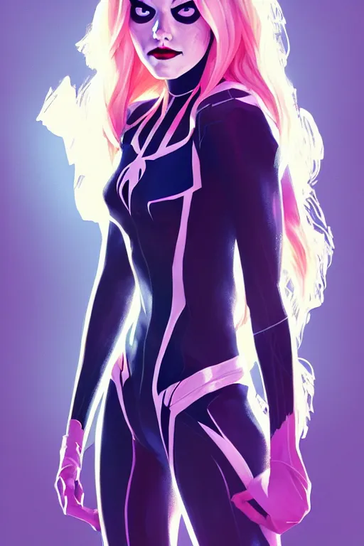 Image similar to a portrait of emma stone as spider - gwen, fantasy, sharp focus, intricate, elegant, digital painting, artstation, matte, highly detailed, concept art, illustration, ambient lighting, art by ilya kuvshinov, artgerm, alphonse mucha, and greg rutkowski