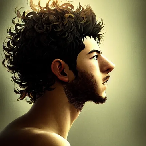 Image similar to Portrait of man with Nick Jonas's Tousled Curls type hair and Indonesian-type skin, atmospheric lighting, intricate detail, cgsociety, ambient light, dynamic lighting, anime style by Yusuke Kozaki