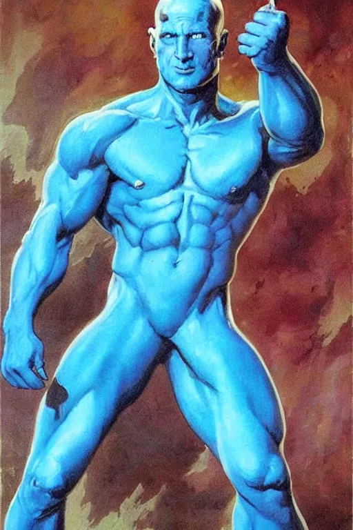 Image similar to painting by Frank Frazetta!!! of as Dr. Manhattan in Watchmen