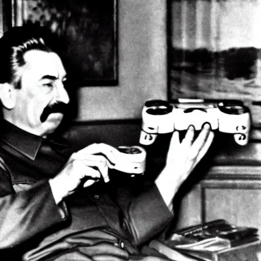 Prompt: Stalin playing on Playstation, black and white photograph