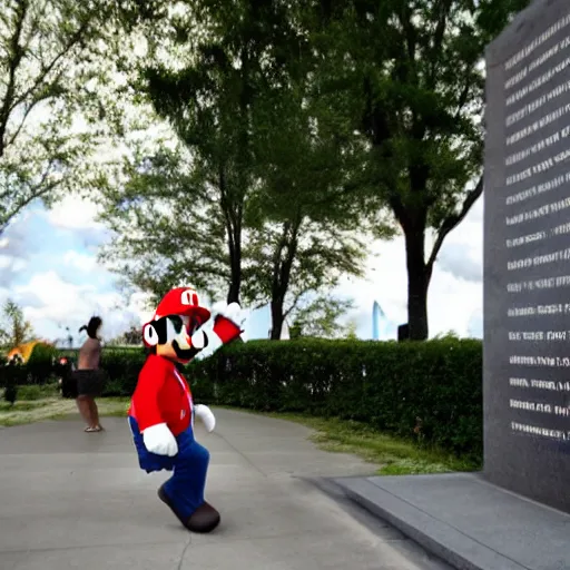 Image similar to mario dancing in front of vietnam memorial, wide angle