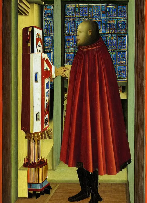 Image similar to a robot priest by Jan van Eyck