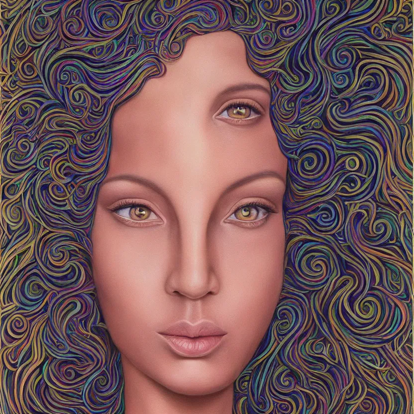 Image similar to perfectly centered portrait front view of a beautiful mushroom goddess, flowing hair, intense stare, sweet smile, symmetrical, volumetric shadows and lighting, realistic oil painting by alex grey,