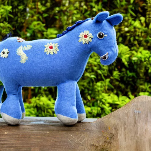 Prompt: a felt plush horse in dusty blue with ornate detailed embroidery decoration